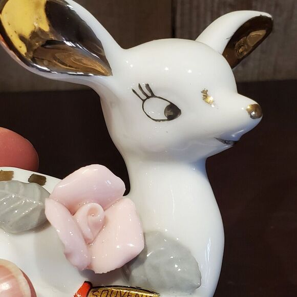 Handpainted Porcelain Deer Fawn Figurine White Gold Rose Vintage Chase Japan MCM - Picture 6 of 8